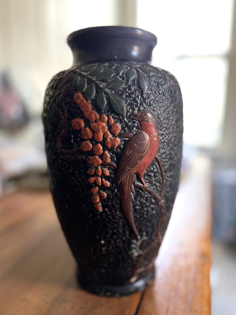 Vintage Textured Japanese Tokonabe Black Vase Bird and Flowers